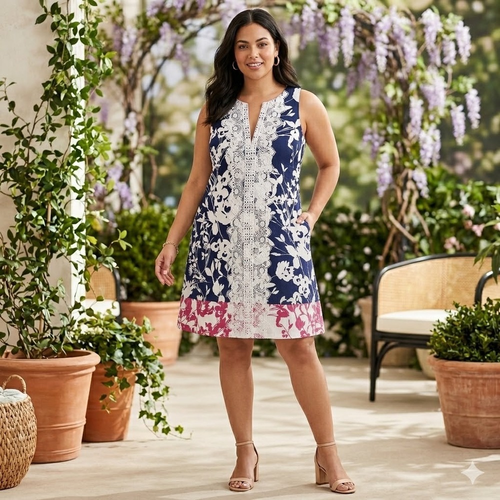 Eliza‎ J Floral Shift Dress Garden 10 Navy Summer Crochet Lace V-Neck Coastal